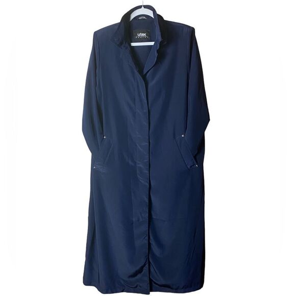 UTEX Design Wm’s Sz 10 Navy Blue Long Hidden Button Raincoat Long Trench Coat - Picture 1 of 7